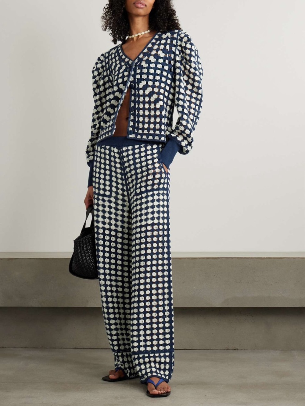 FARM Rio Navy & Cream Wide-Leg Knit Pants